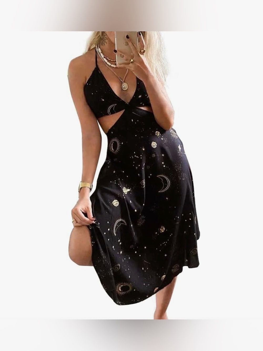 NWOT Celestial Moon & Stars Cutout Halter Backless Dress